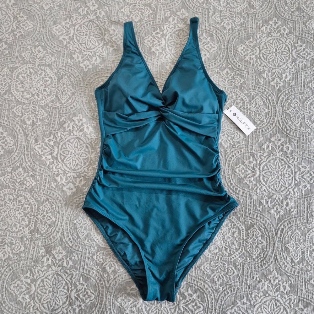 Holipick Womens One Piece Swimsuit Teal Blue Twist Front Ruched Size M NEW